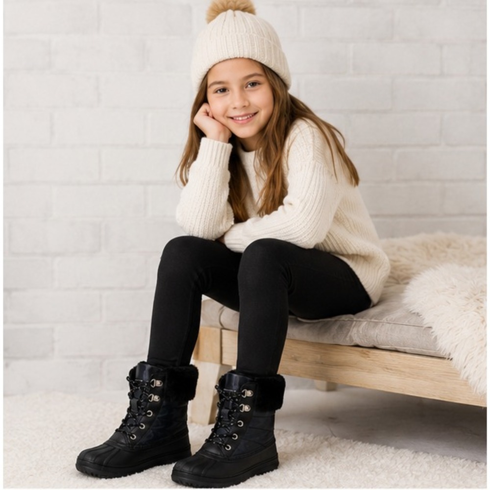 London Fog Girls Bridger Winter Boots Size 4 Black Blue Faux Fur Lace Up Outdoor